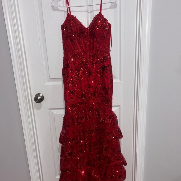 Elegant Red Sequin Prom Dress - Picture 2 of 6